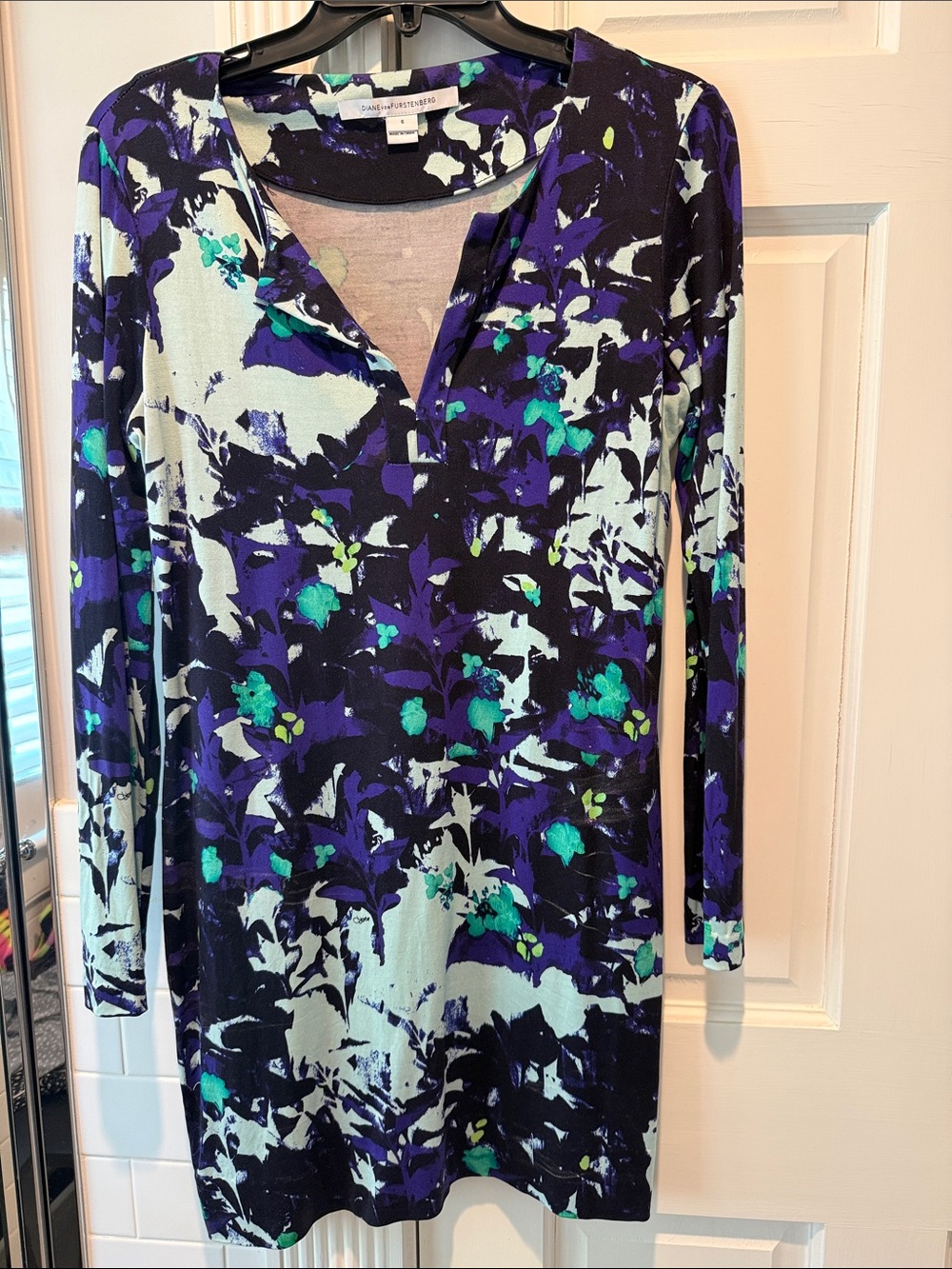 Diane Von Furstenberg Black, Purple & Teal Floral Long Sleeve Tunic Dress